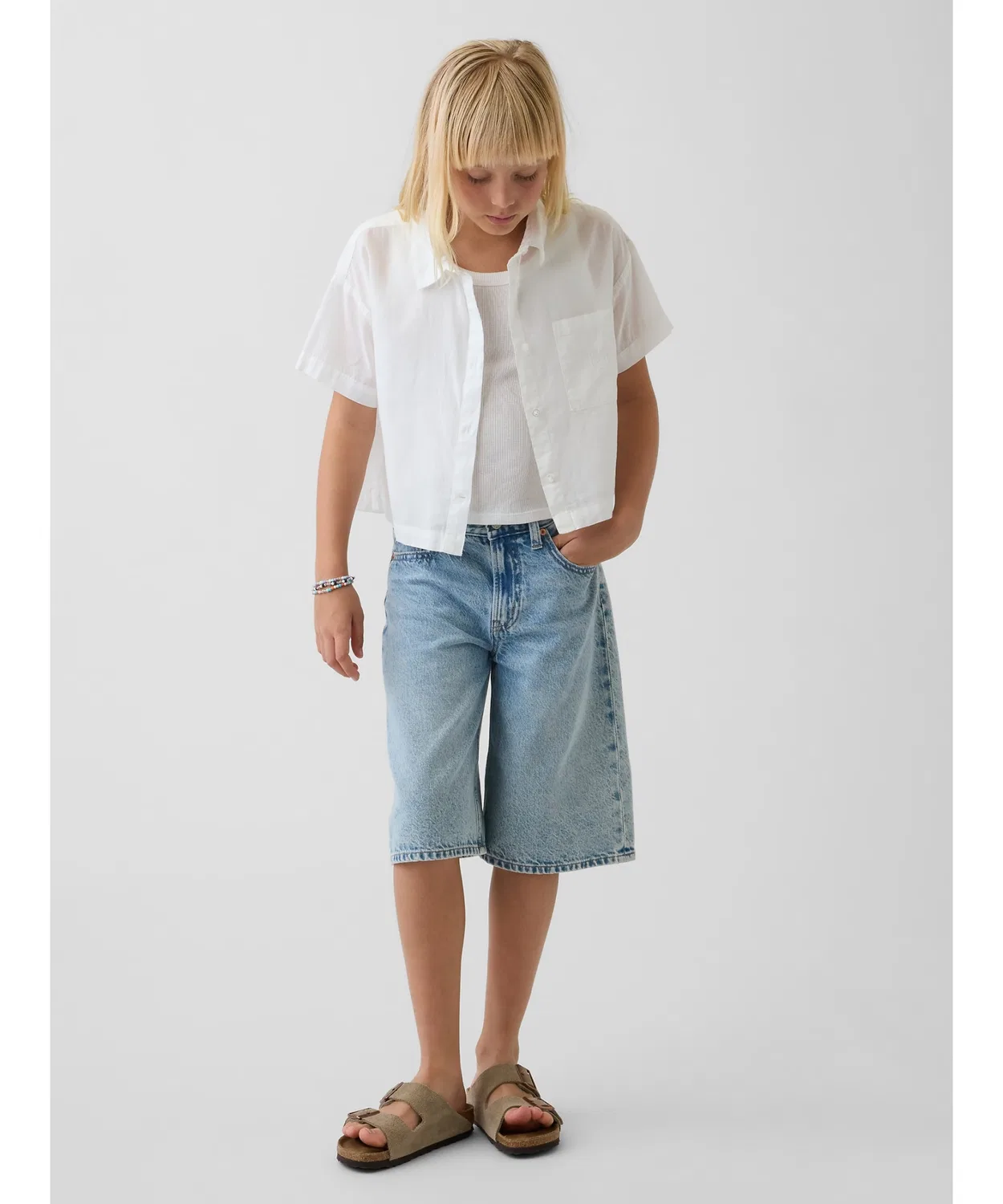 Детская полупрозрачная рубашка свободного кроя с коротким рукавом GAP, Off White — фото 4