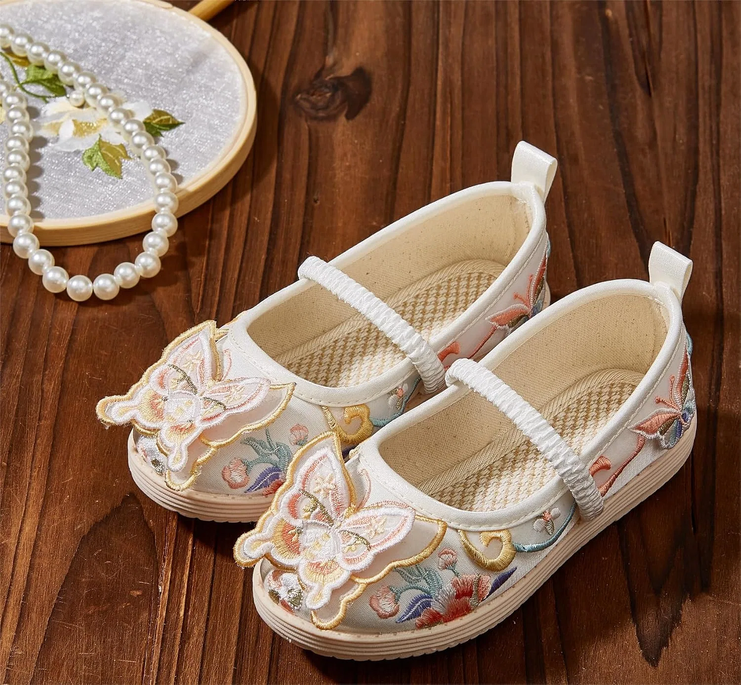Детские туфли-балетки для девочек с вышивкой Hanfu kkdom, Beige Butterfly — фото 3