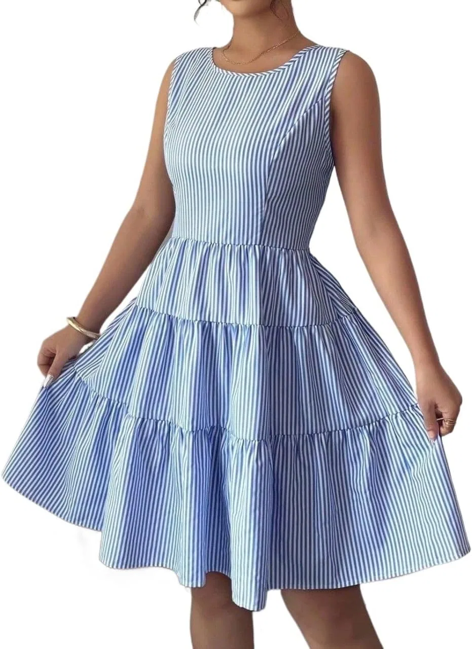 Женское повседневное платье мини с рюшами Backless Bowknot, Blue and White