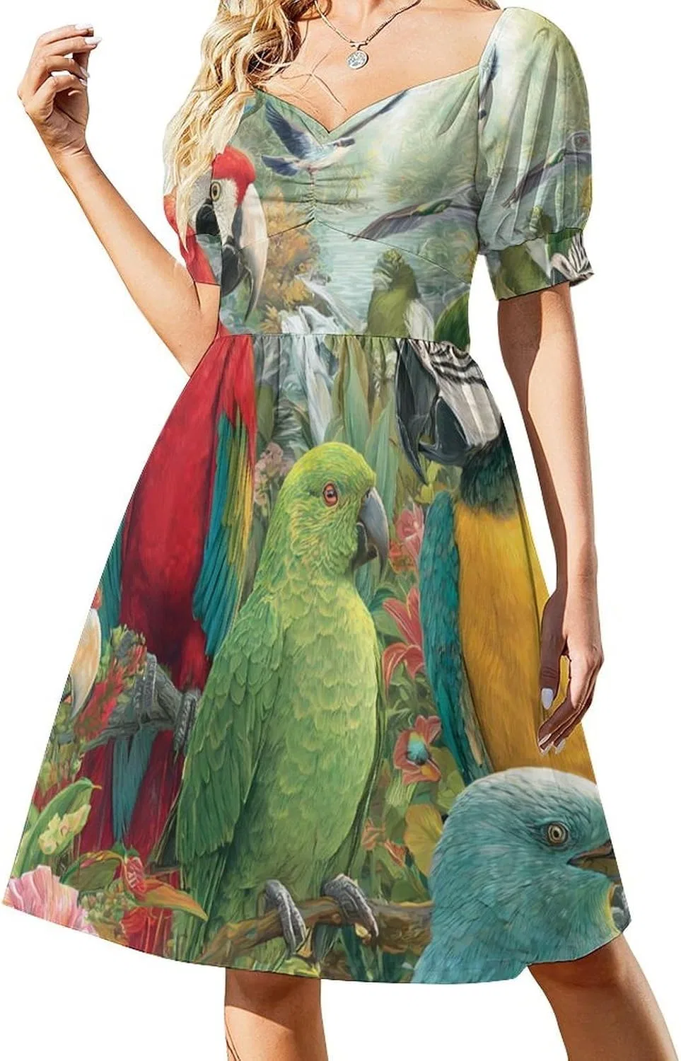 Женское летнее платье мини с пышными рукавами Parrot Bird, Style