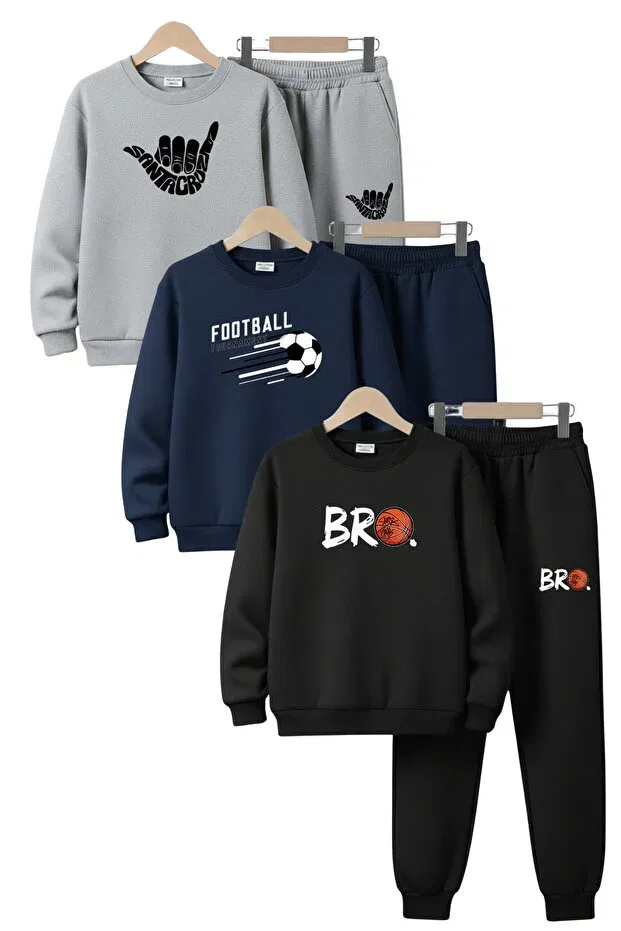 Детский спортивный костюм для мальчиков с принтом 3 Thread Thick Sh Fleece-Lined Crew Neck Print Detailed Ya Ko Kids, Gray-Blue-Black