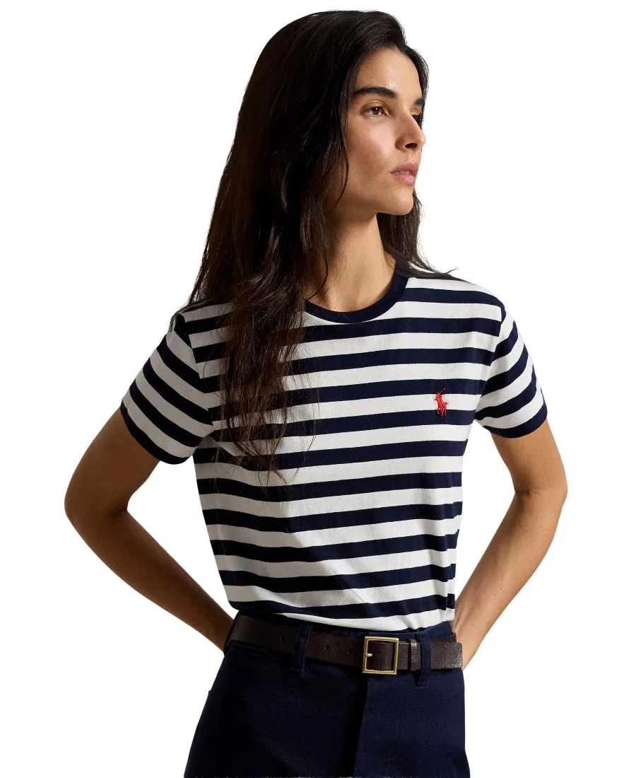 Футболка женская с полосатым принтом и вышивкой Pony Polo Ralph Lauren, Hunter Navy White