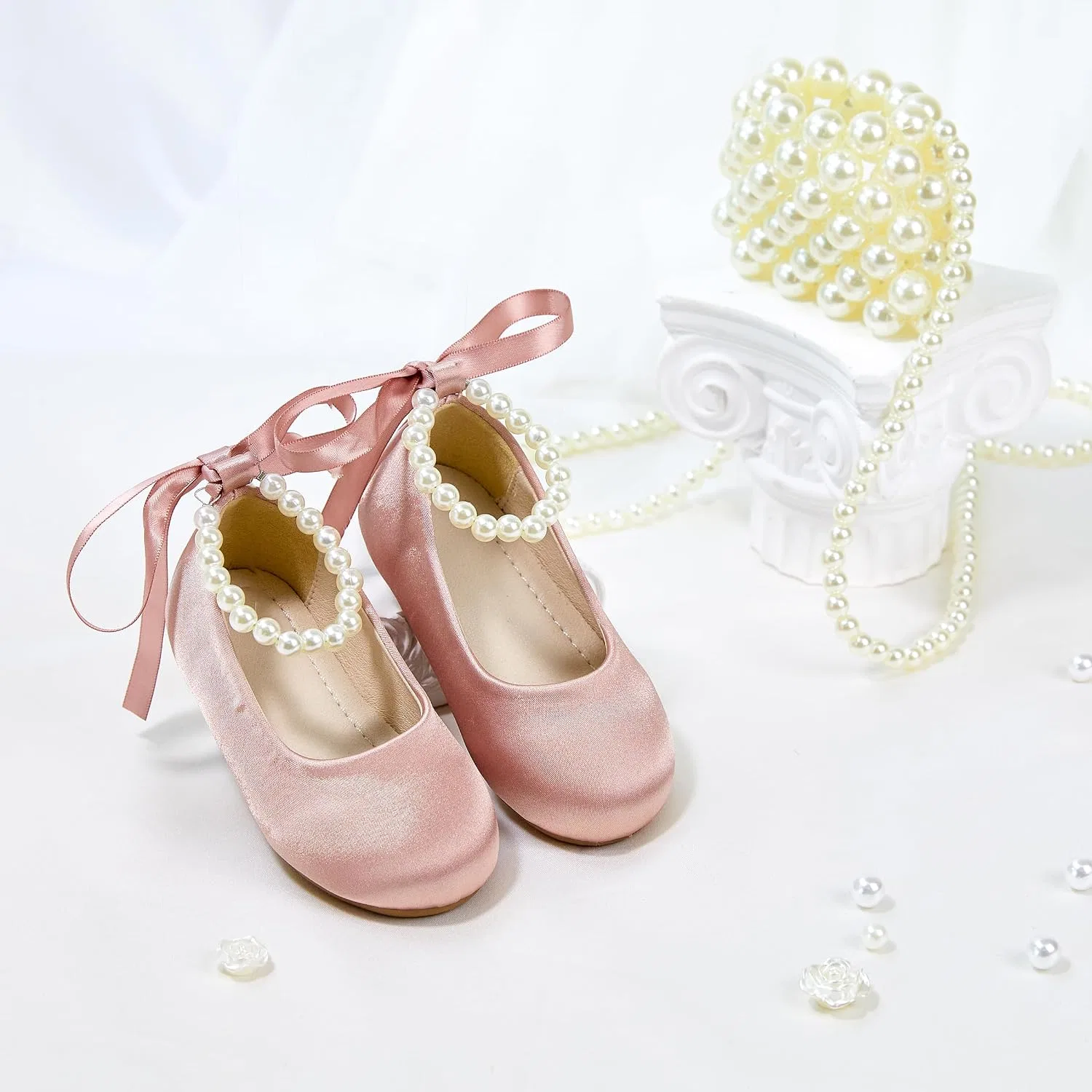 Детские туфли-балетки для девочек с жемчужным ремешком PHIRAMIN, Pink Pearl Strap — фото 3
