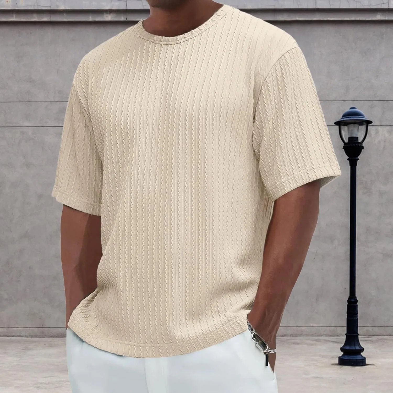 Мужская футболка свободного кроя с текстурой, Beige — фото 2
