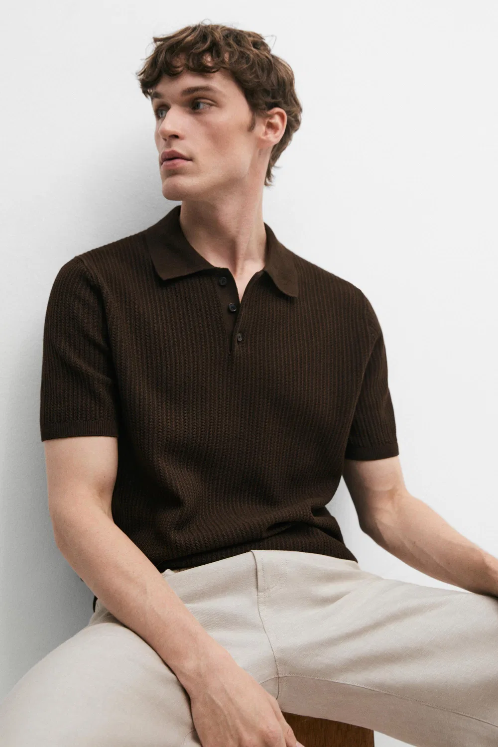 Поло из 100% хлопка, фактурная вязка Massimo Dutti, коричневый меланж — фото 4