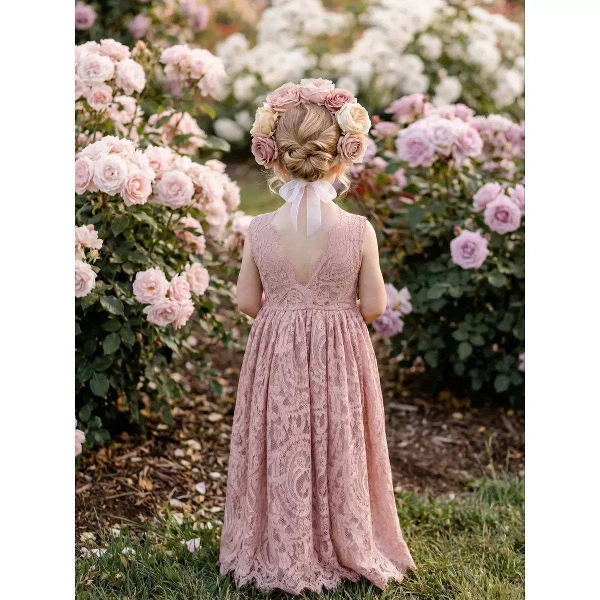 Детское платье для девочек с кружевом Paisley All-Over Lace V Back Sleeveless Maxi Flower Girl 2bunnies, Dusty Pink — фото 2