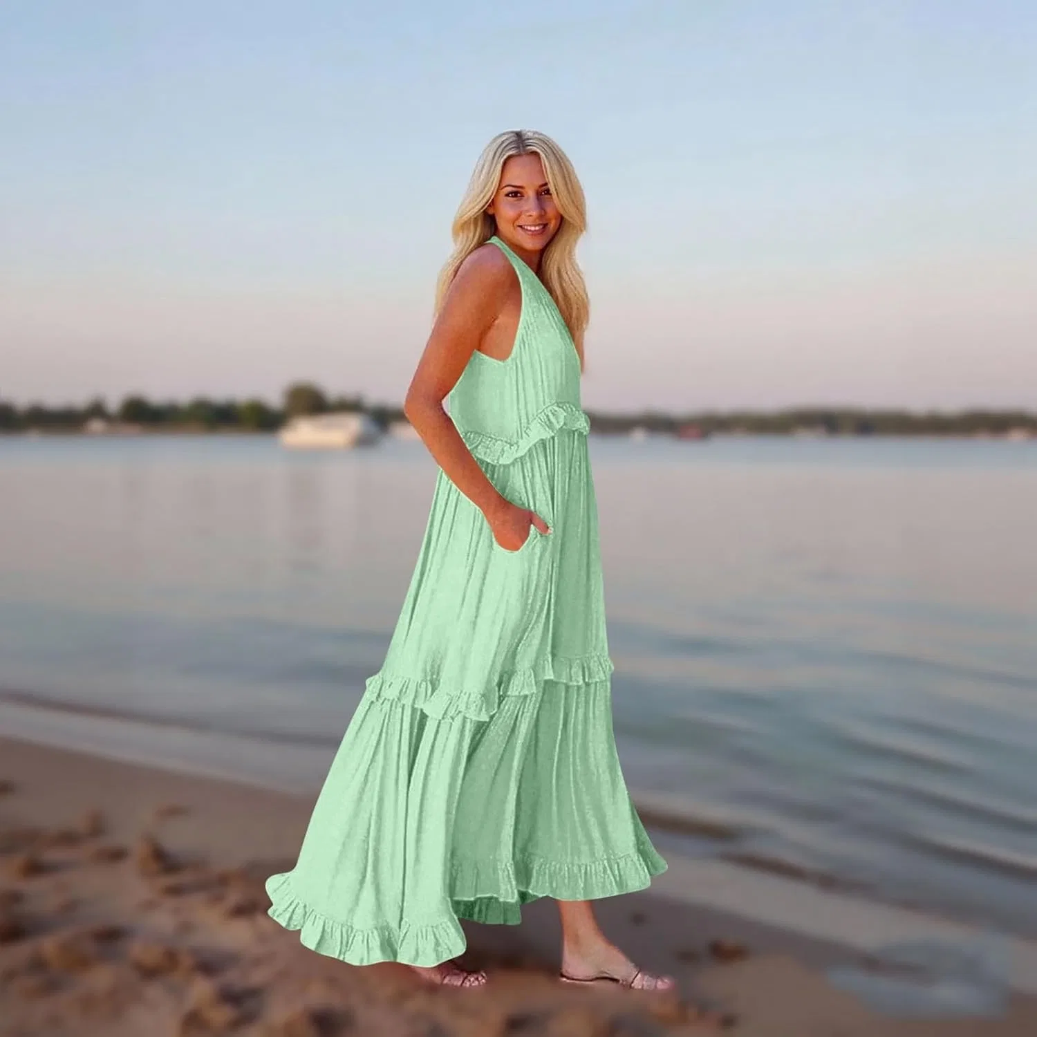 Женское летнее макси-платье с V-образным вырезом и воланами, Mint Green — фото 4