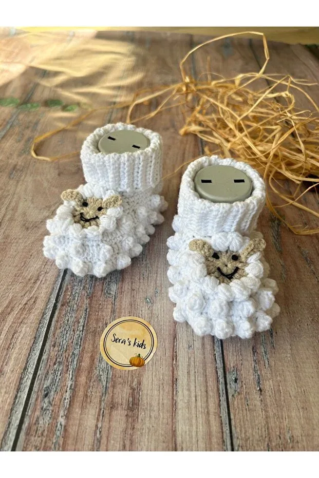 Детские пинетки для новорожденных с рисунком Hand Knitted White Lamb Figured Baby Panduf Booties Seraskids, White — фото 2