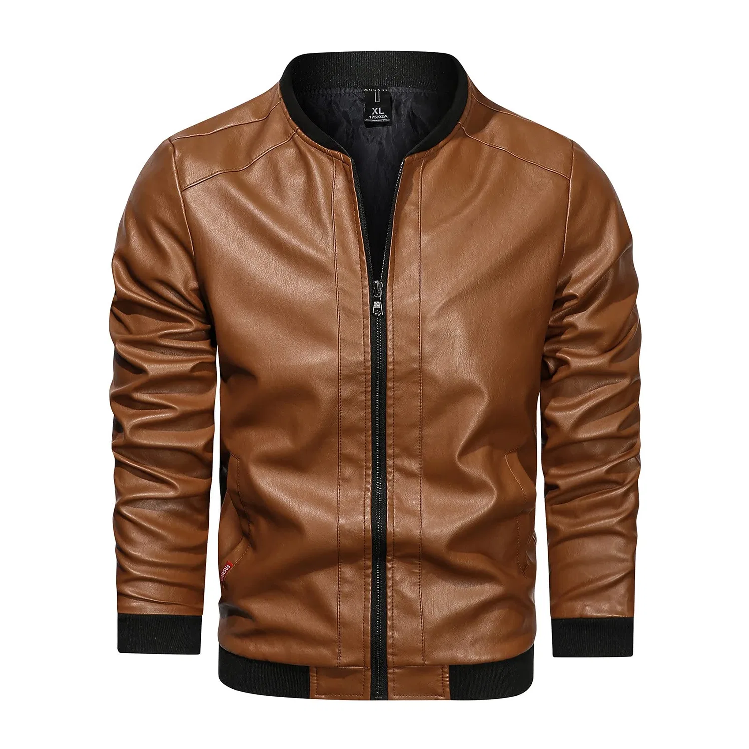 Мужская куртка из экокожи с воротником-стойкой Retro Winter Jacket, Zzzz01-Brown