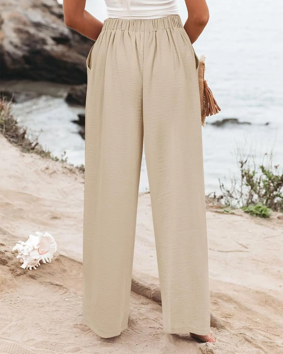 Женские широкие брюки с высокой талией Flowy Beach Pants, Beige — фото 3