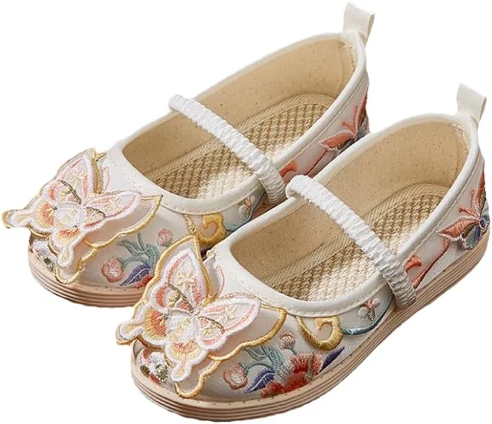 Детские туфли-балетки для девочек с вышивкой Hanfu kkdom, Beige Butterfly