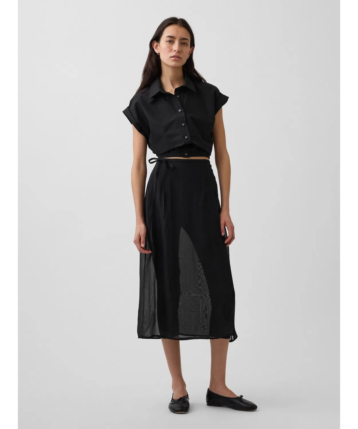 Женская хлопковая рубашка с коротким рукавом, модель Cap Sleeve GAP, Black — фото 3