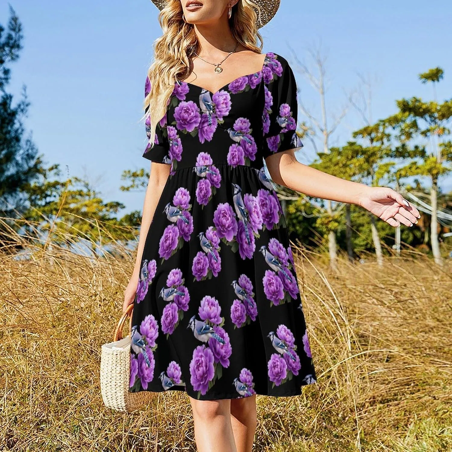 Женское летнее платье-трапеция с цветочным принтом Peony Flower Blue Jay Bird, Style — фото 2