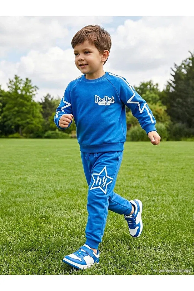 Детский спортивный комплект для мальчиков с принтом New York Yıldız Printed, Civil Boys, Saks Blue