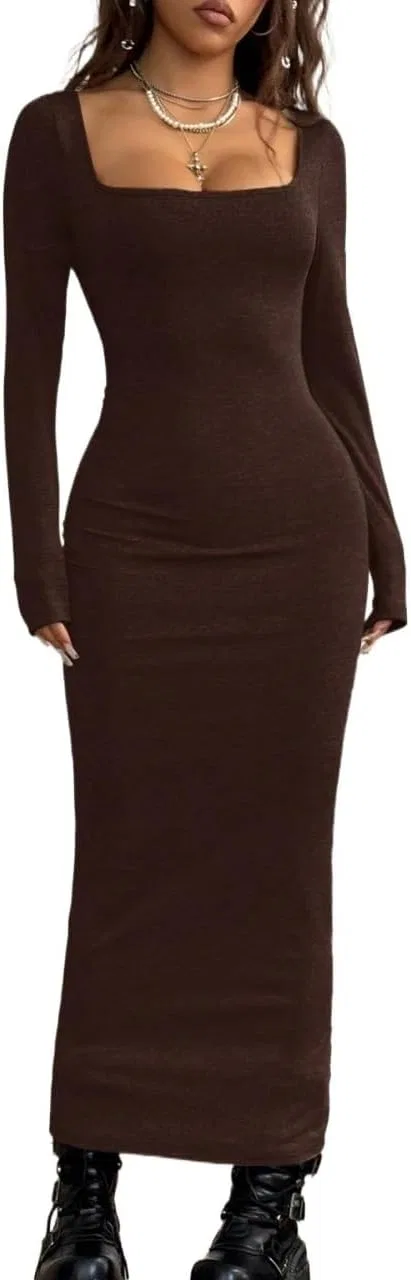 Женское облегающее платье с квадратным вырезом Solid Color, Brown