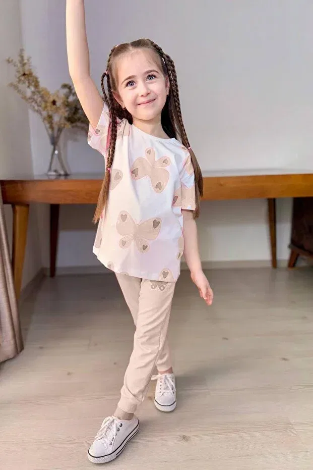Детский комплект из футболки и штанов для девочек с принтом Silvery Butterfly Print Riccotarz, Beige