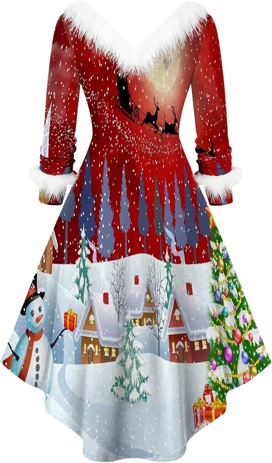 Женское платье-трапеция с длинным рукавом, с V-образным вырезом, Christmas, красный — фото 4
