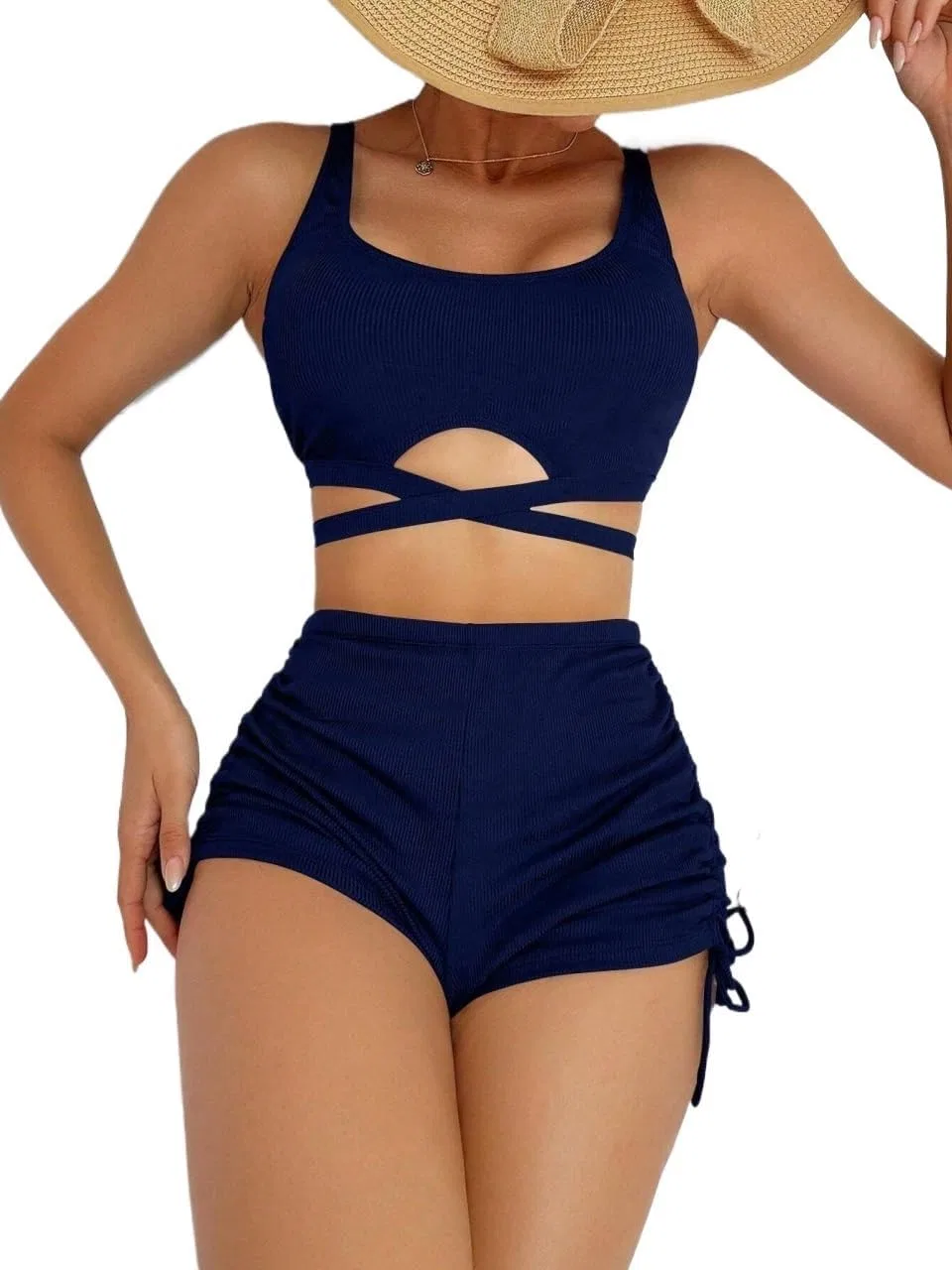 Женский бикини-сет с высокой талией Criss Cross, Navy Blue