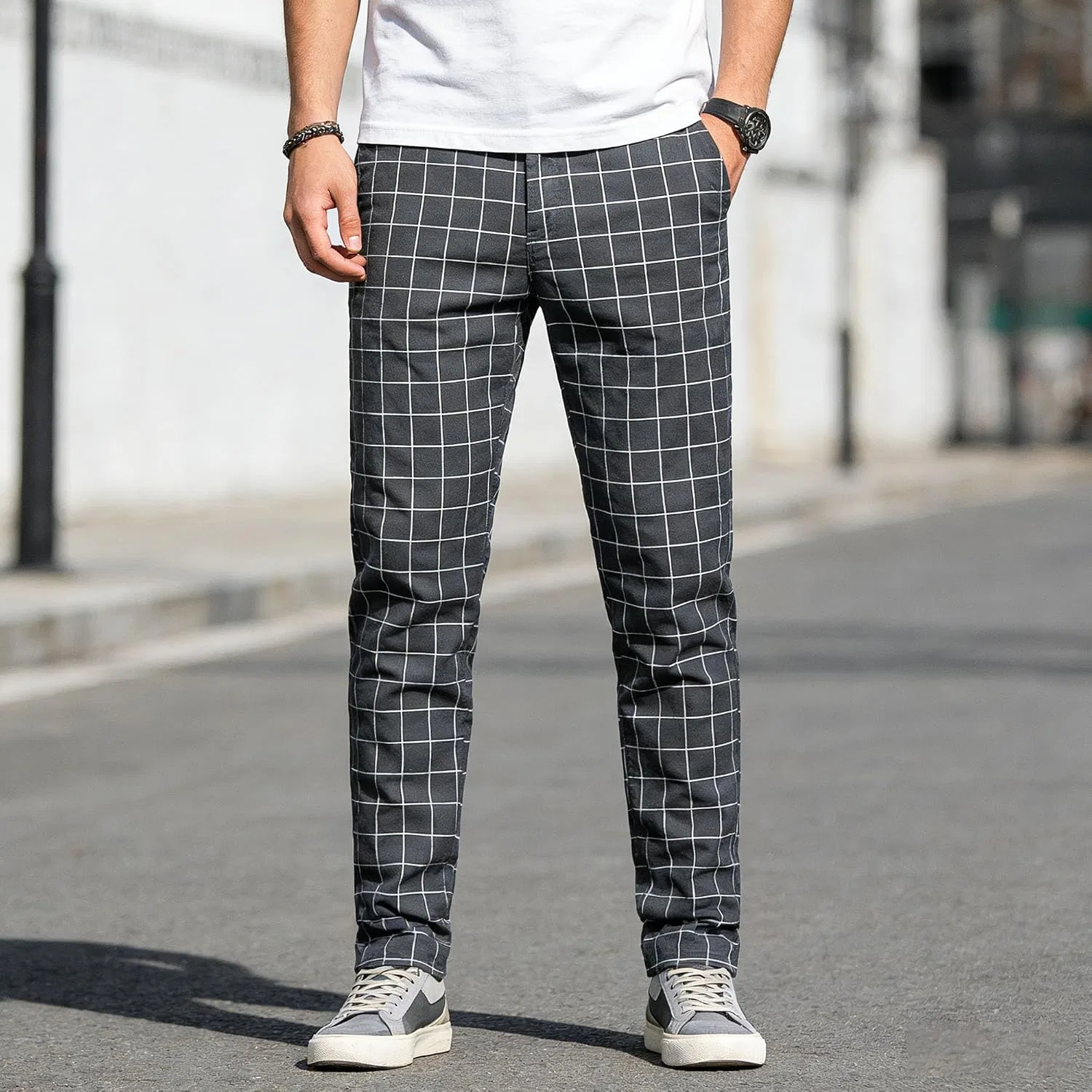 Мужские брюки чинос с принтом в клетку, Slim Fit, стрейч, серый — фото 4