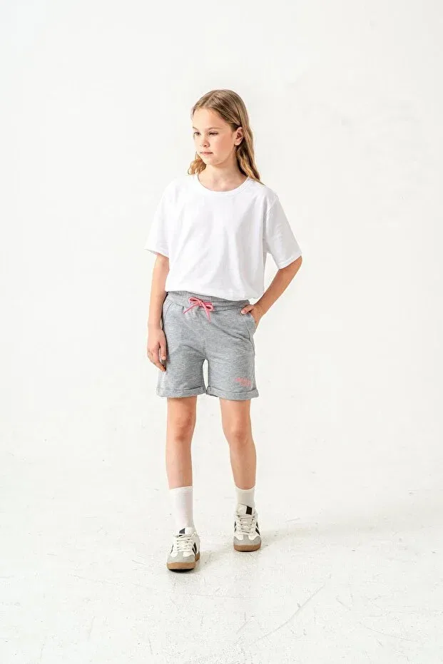 Детские шорты для девочек с вышивкой Always be joyful Mışıl Kids, Gray Melange — фото 2