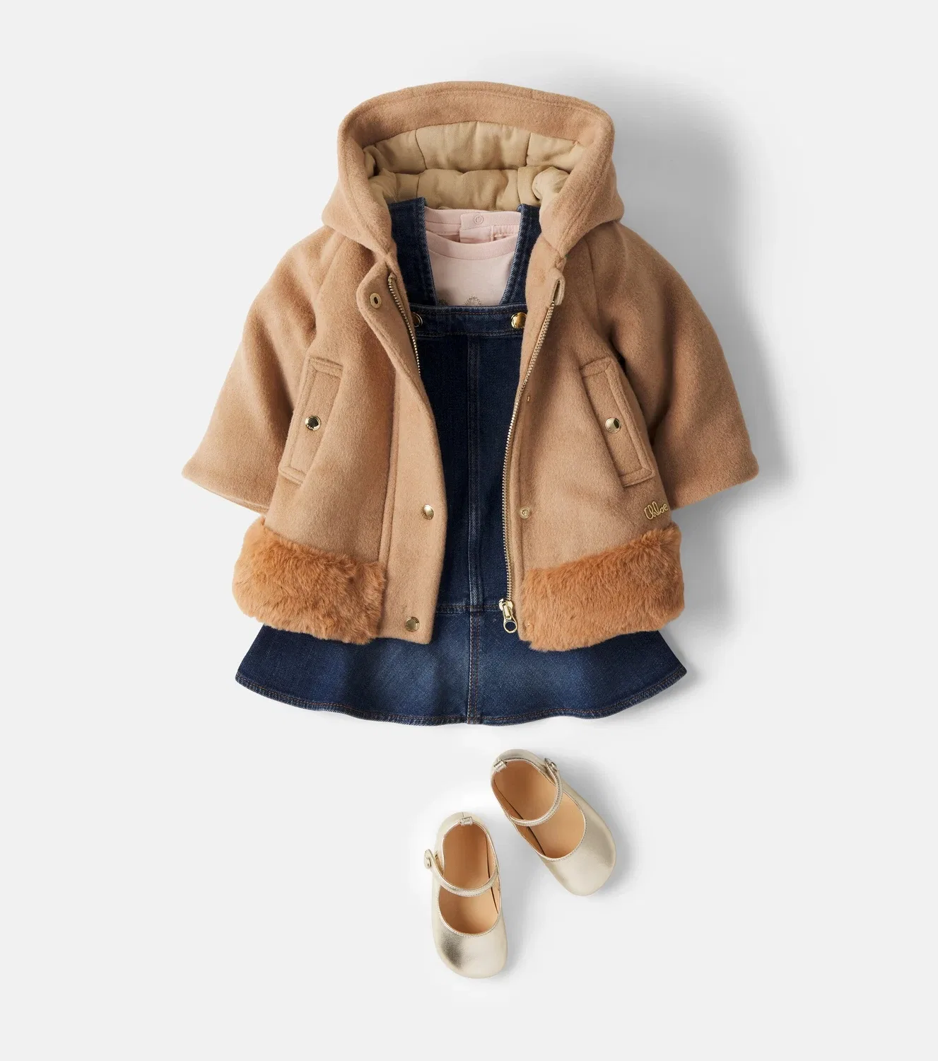 Детское пальто из шерстяной смеси с капюшоном Chloé Kids, бежевый — фото 2