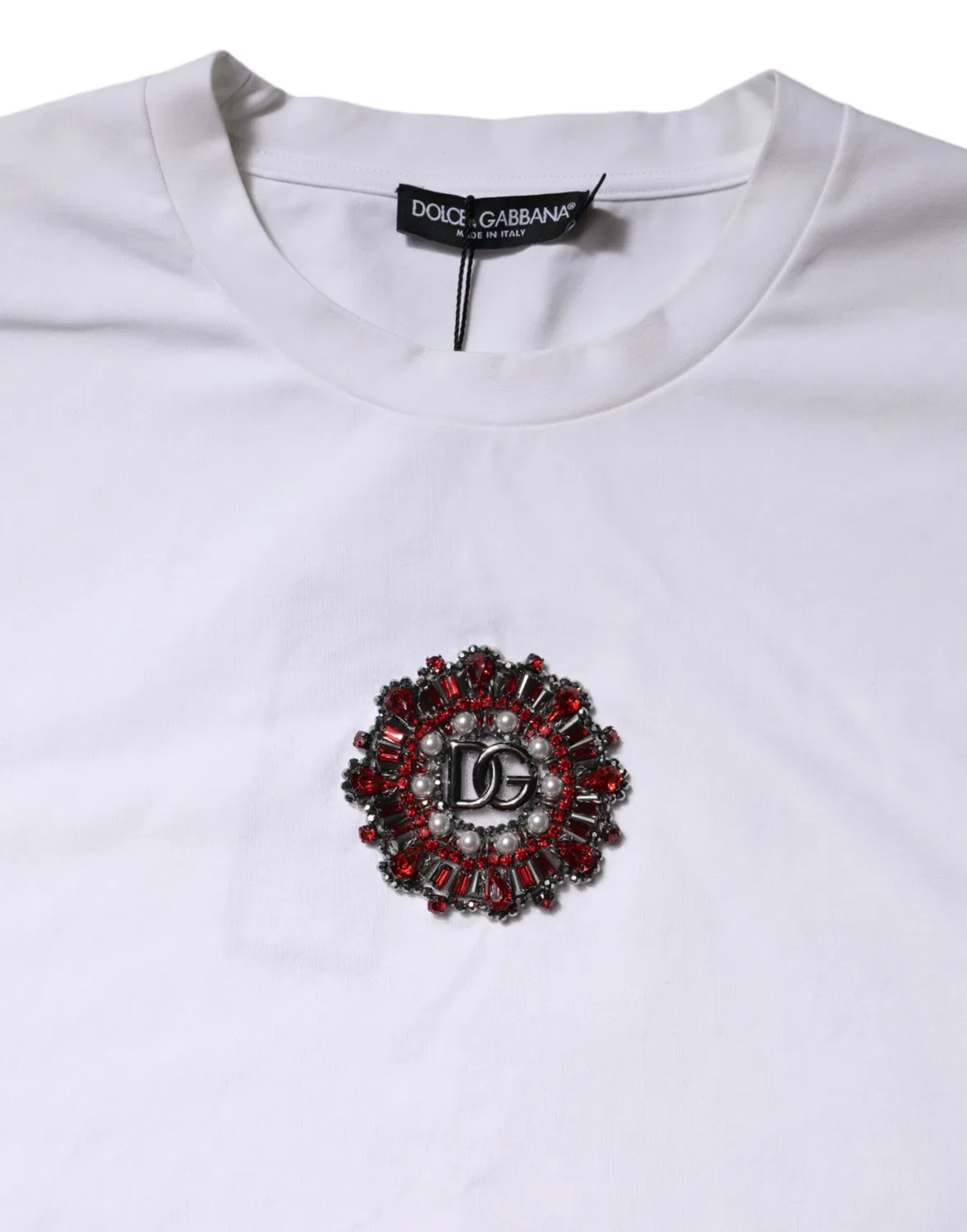 Мужская футболка с коротким рукавом и логотипом со стразами White Logo Embellish Dolce & Gabbana, White — фото 4