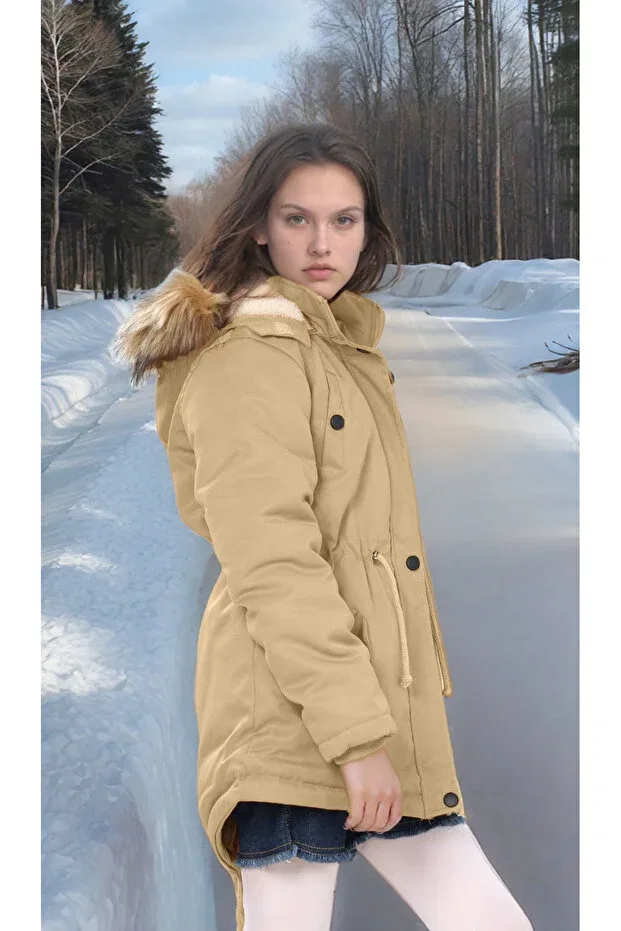 Детское пальто для девочек с капюшоном Waterproof coat with fur inside, hood and zipper - non-deformable winter coat - machine washable Joui Co, Beige — фото 2
