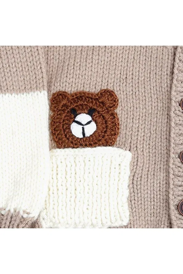 Детский кардиган для мальчиков с вязаным мишкой Hand knitted teddy bear boy cardigan and beret set Evitle, Brown — фото 2