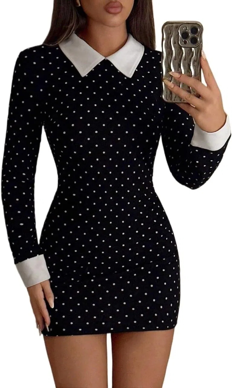 Женское облегающее мини-платье с горошком Long Sleeve Fitted Dot Mini Bodycon, Black and White