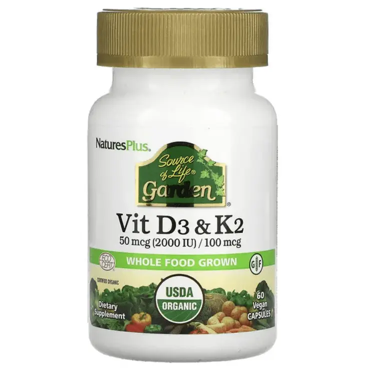 

Витамины D3 и K2, Source of Life Garden, 60 веганских капсул, NaturesPlus