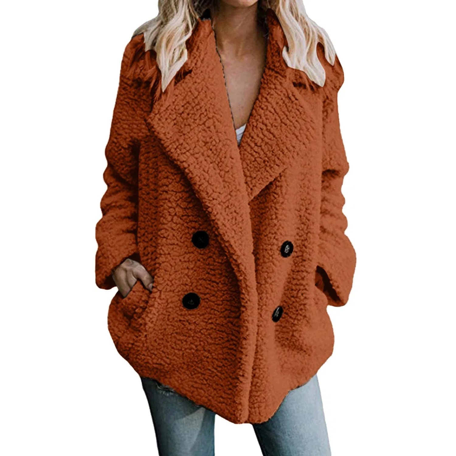 Женское пальто из флиса с отложным воротником Teddy Fleece Jacket, Orange — фото 2