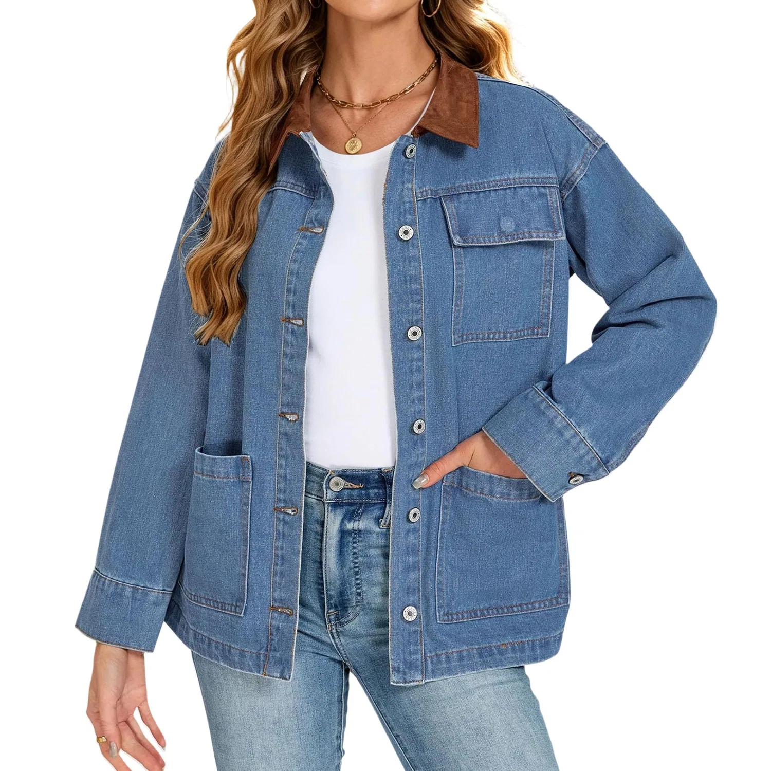 Женское джинсовое пальто oversize с контрастным воротником, осеннее, Azzurro chiaro