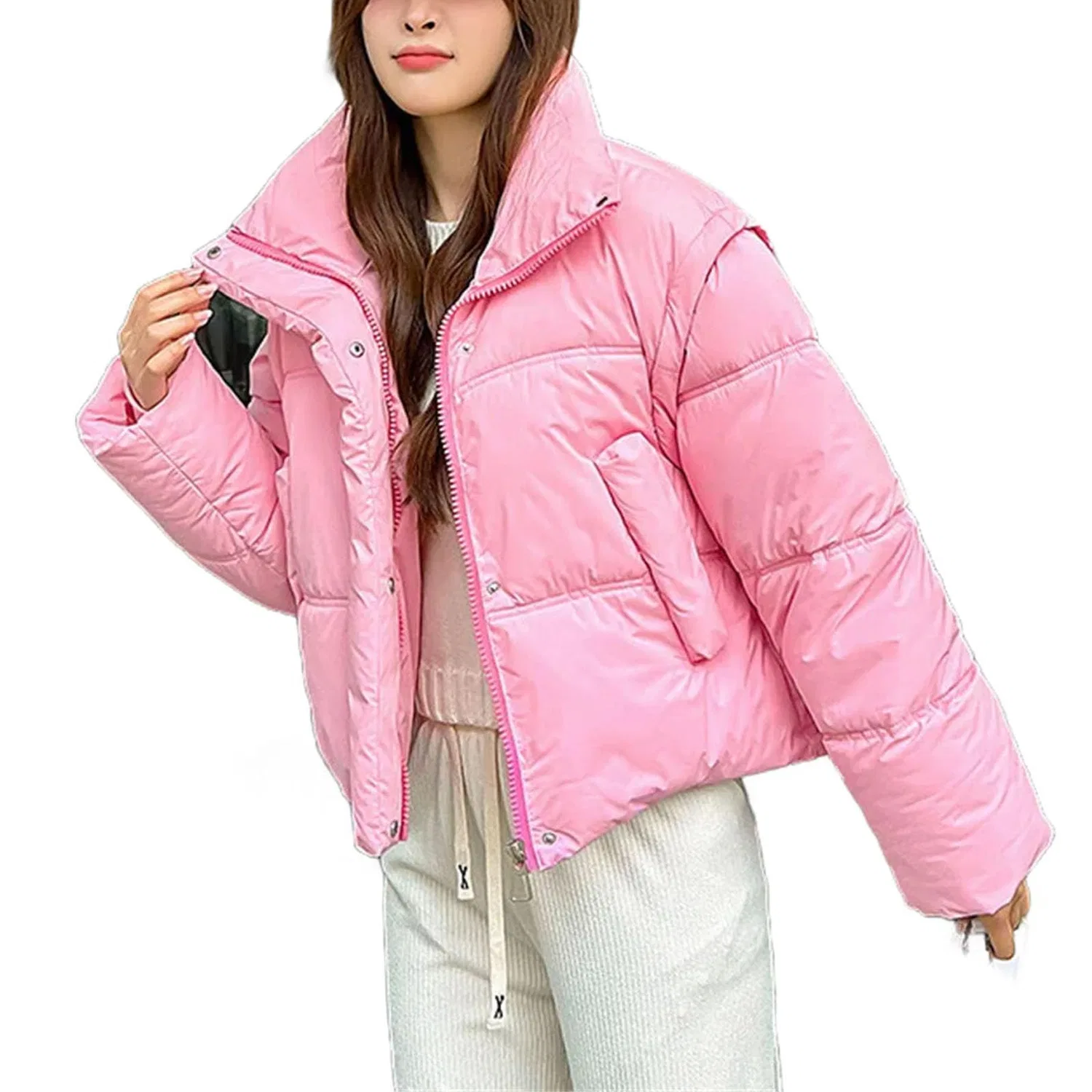 Женское зимнее пальто с коротким съемным рукавом и капюшоном, pink