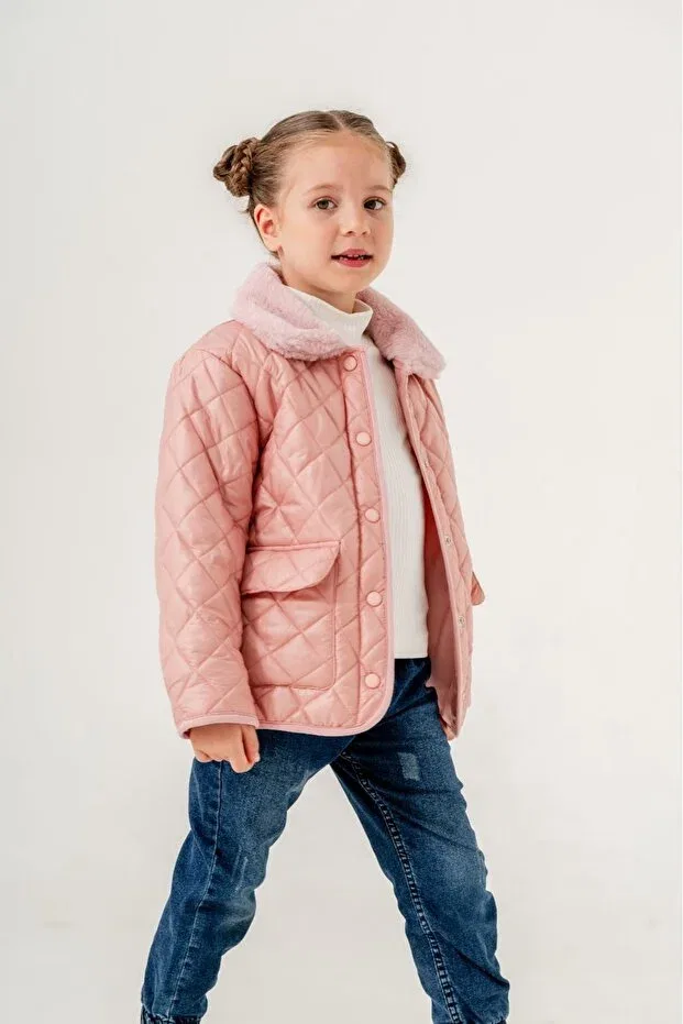 Детское пальто для девочек стеганое Quilted collar plush girl coat / jacket Gocoland, Pink — фото 2