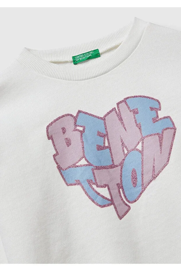 Детские свитшот для девочек с принтом Glitter Logo United Colors Of Benetton, Ecru — фото 3