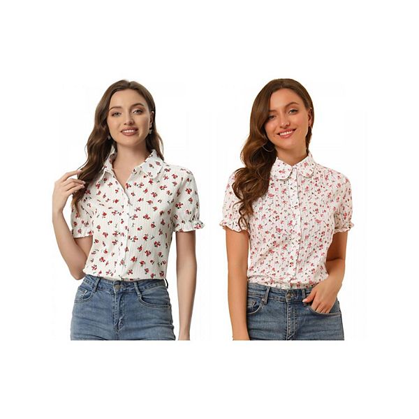 

2 упаковки женской блузки с воротником питер пэн и коротким рукавом Inspire Chic, Pink Floral Red Floral