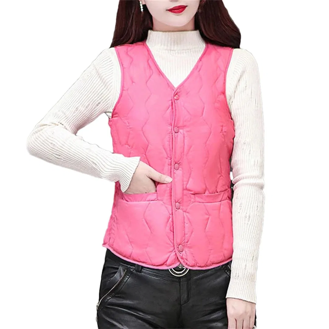Женский утеплённый жилет без рукавов Winter Women Slim Sleeveless Down Cotton Padded Coat Lamb Warm Vest Button Outerwear Waistcoat, Watermelon red