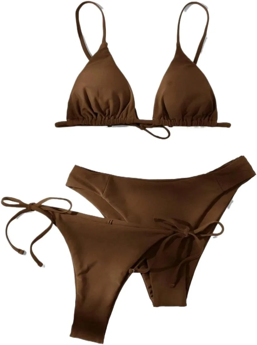 Женский бикини-сет с высокой талией, 3 предмета, Spaghetti Strap, Brown