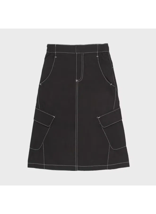 Юбка-трапеция с вышивкой и отделочными строчками карго Zara, черный — фото 2