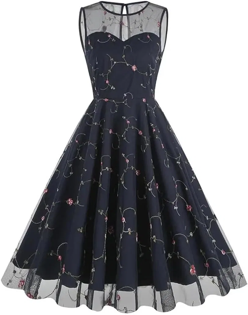 Женское платье с цветочной вышивкой A-line, Navy