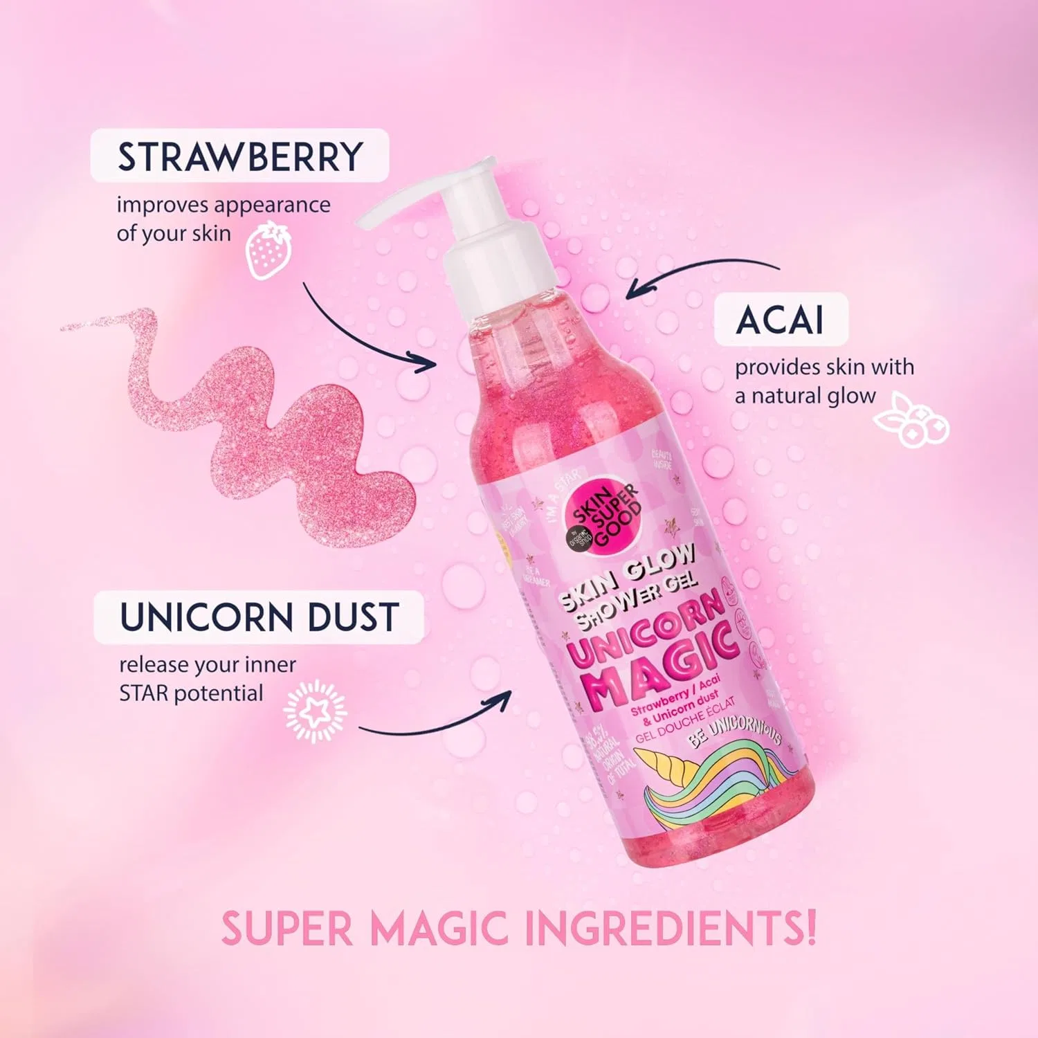 Гель для душа Skin Super Good Skin Glow Shower Gel, Organic Shop, 500 мл, Unicorn Magic Strawberry / Acai & Unicorn Dust — фото 4