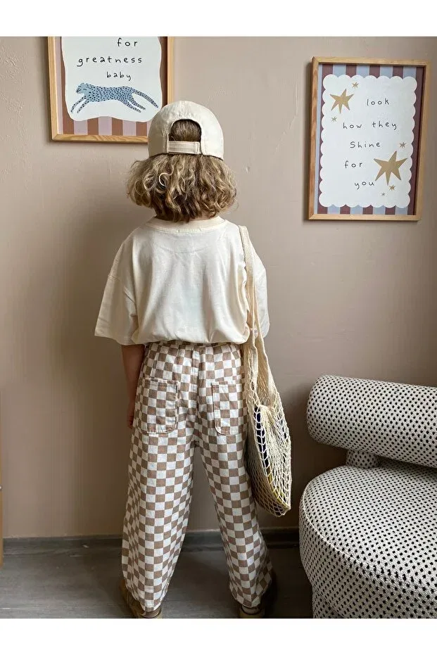 Детские брюки для девочек широкие Checkered pants Padri Kids, Nude Color — фото 3
