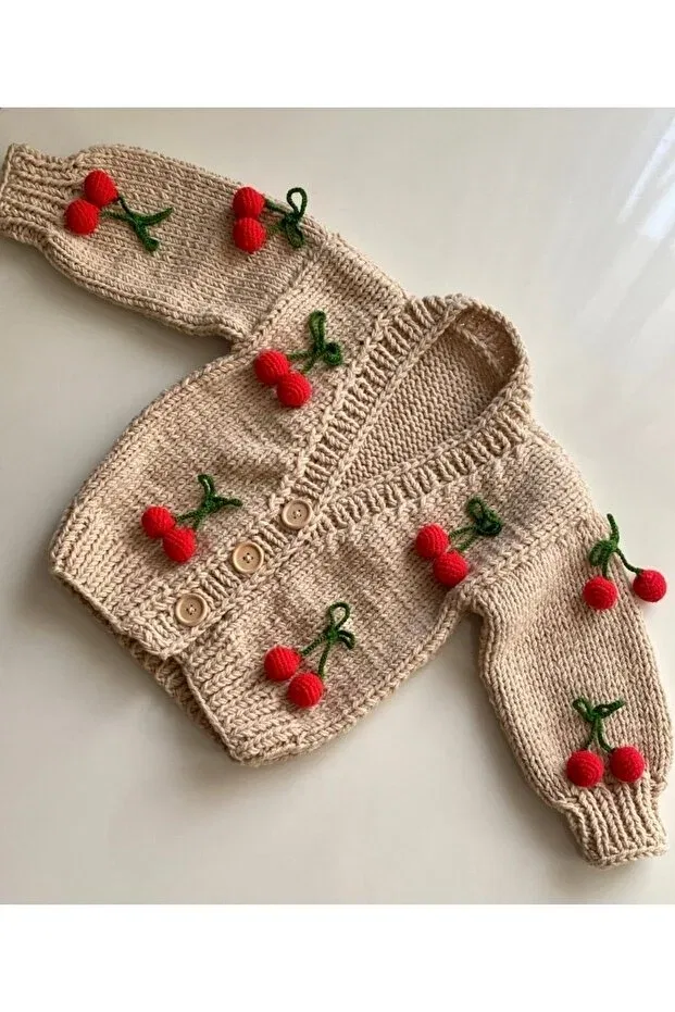 Детский кардиган для девочек с принтом Hand Knitted Cherry Baby Cardigan Hobihanem Tuhafiye, Ten-Cherry — фото 2