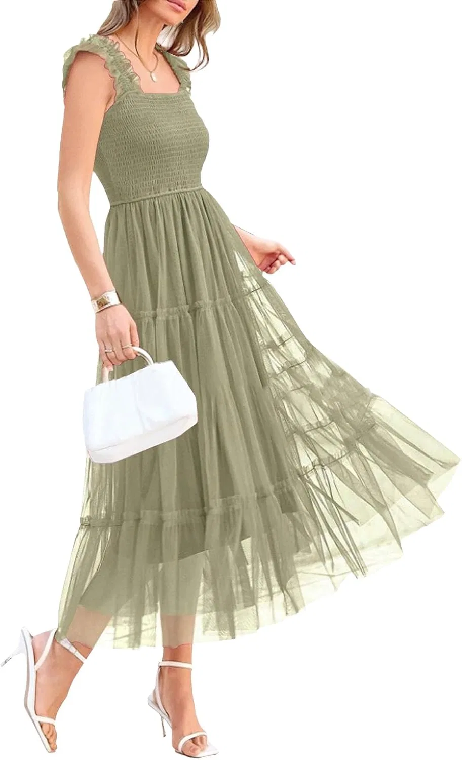 Женское летнее платье миди с воланами Smocked Tulle, Light Green