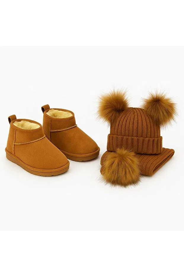 Детские ботинки для девочек с мехом Taba pomponed scarf beanie and mini short boots with fur inside Ues, Brown