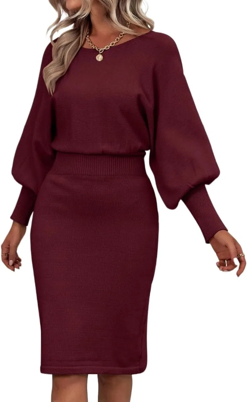 Женское платье с круглым вырезом и ребристой вязкой, Casual, Burgundy