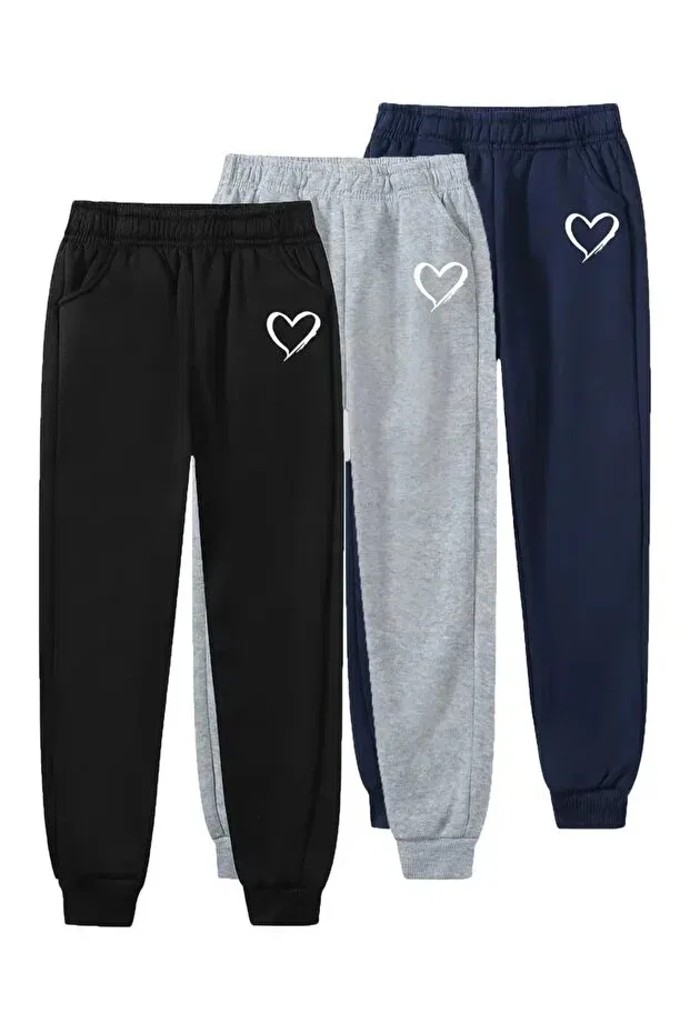 Детские спортивные штаны для девочек с принтом Set of 3 children's heart patterned sweatpants Daxis Sportwear Company, Black-Gray-Lacquvert