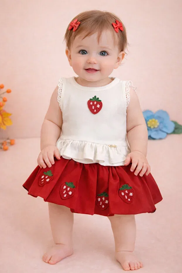 Детский комплект для девочек с вышивкой клубники Santralbebe, Red — фото 2