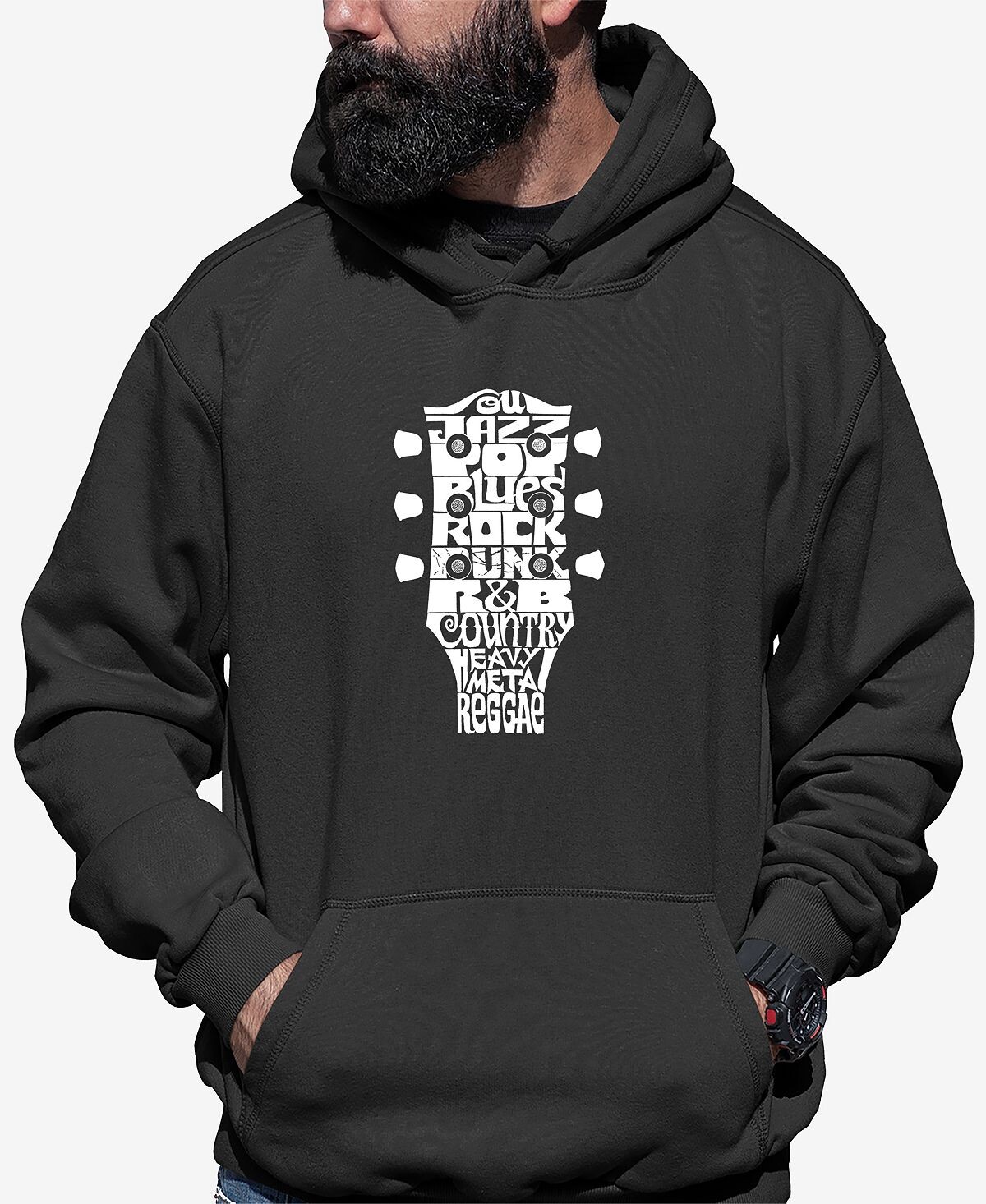 

Мужская толстовка с капюшоном word art guitar head music genres LA Pop Art, темно-серый