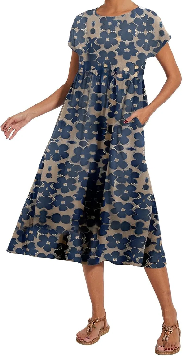 Женское свободное платье-туника миди с карманами Cotton Linen, Blue — фото 3
